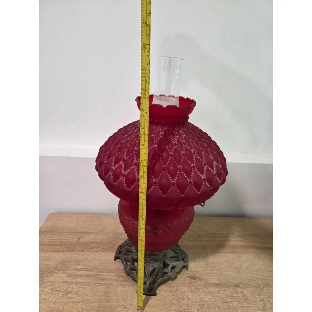 Antique Red Satin Quilted Glass Aladdin Style Oil Lamp Brass Base 20''